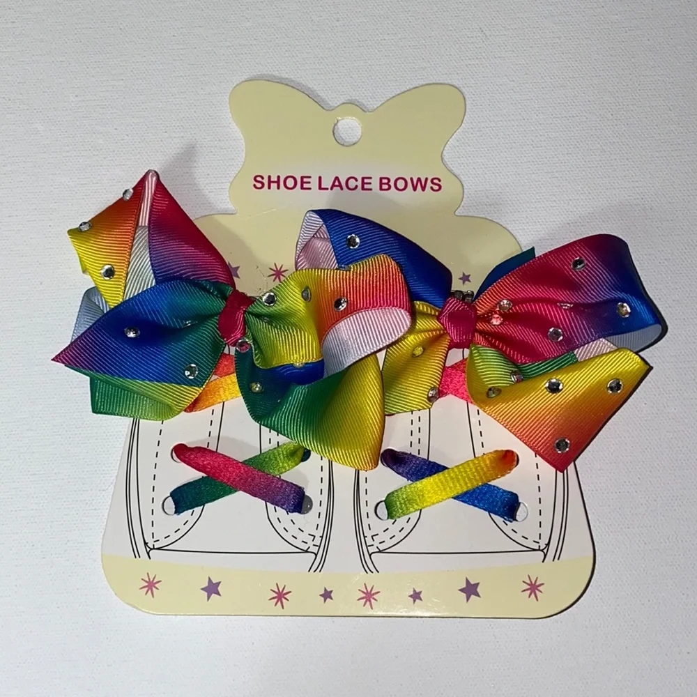 NEW girls bow rainbow bedazzled laces